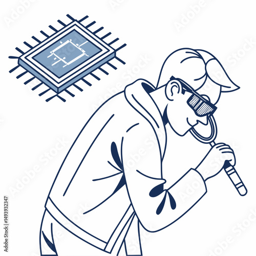 Professional illustration of a person inspecting a microchip with a magnifying glass on a white background