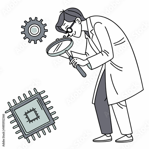 Scientist examining microchip with magnifying glass on white background