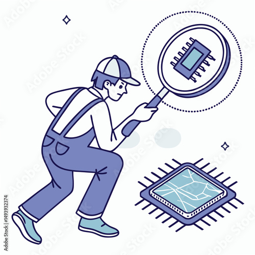 Technician inspecting broken cpu chip with magnifying glass on white background