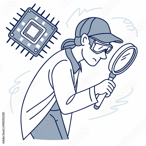 Professional illustration of scientist inspecting microchip with magnifying glass on white background