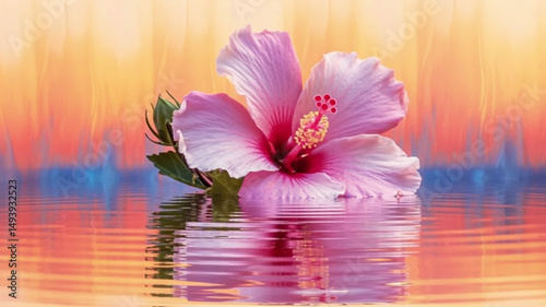 A dreamy, ethereal photograph of a pink and purple hibiscus flower reflected in rippling water. photo