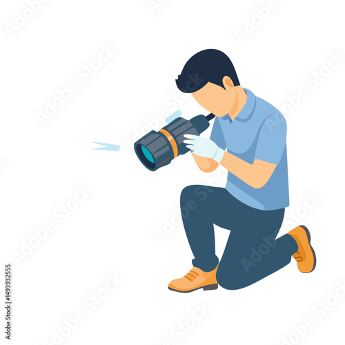 Professional photographer kneeling with camera on white background