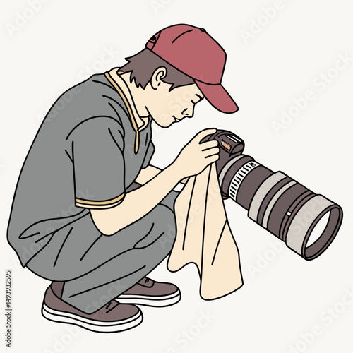 Young photographer cleaning camera lens with cloth