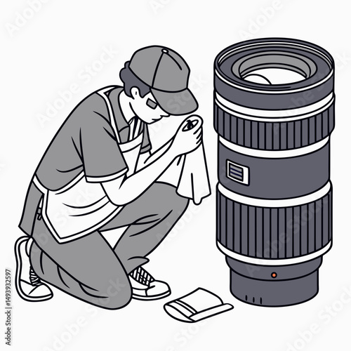 Technician cleaning large camera lens with microfiber cloth