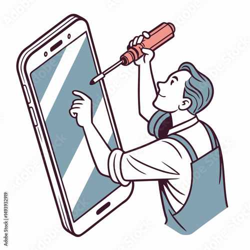 Professional technician repairing smartphone screen with transparent background
