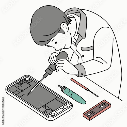 Technician repairing smartphone screen with precision tools on white background