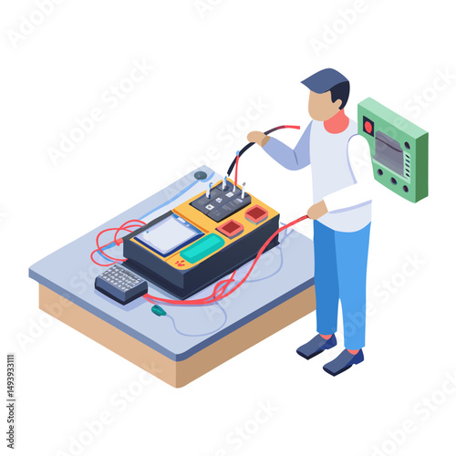 Isometric illustration technician testing electrical device on white background