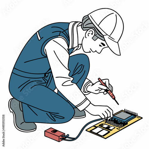 Technician repairing circuit board soldering electronics component