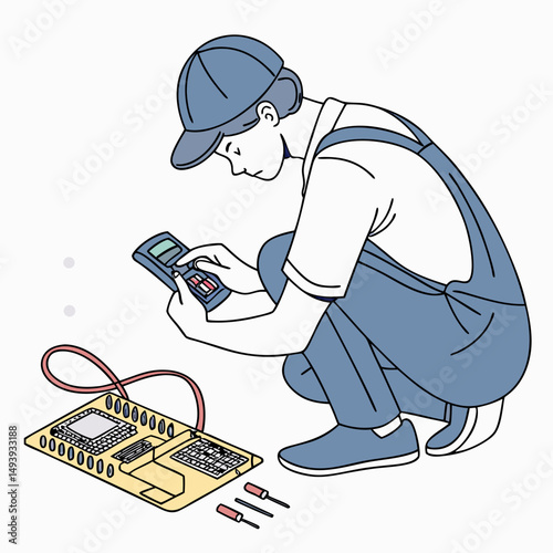 Technician repairing circuit board using multimeter