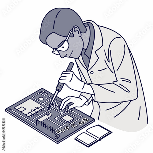 Technician carefully soldering electronic circuit board