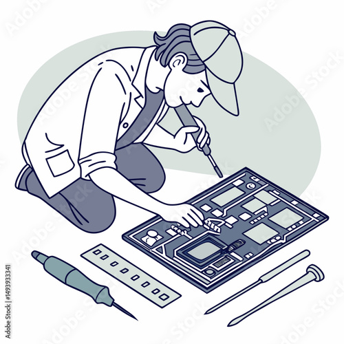 Technician repairing electronic circuit board using soldering iron