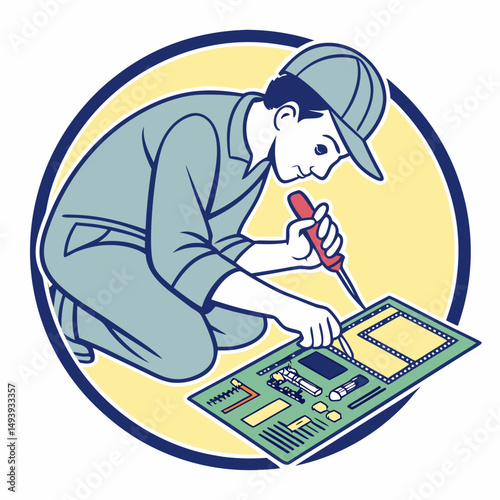 Technician repairing electronic circuit board computer hardware maintenance