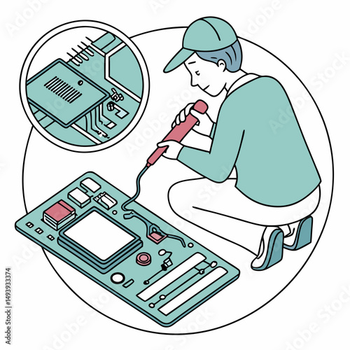 Technician repairing circuit board using soldering iron