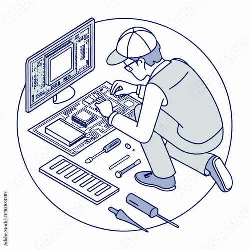 Technician repairing computer motherboard circuit board components