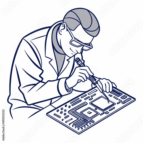 Technician carefully soldering circuit board electronics repair