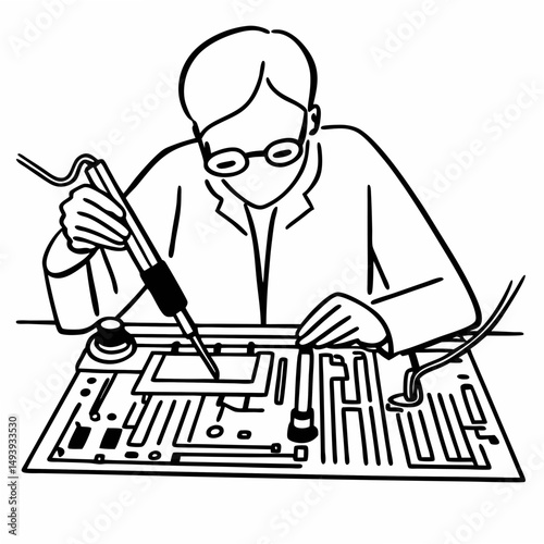 Professional technician soldering circuit board isolated cutout