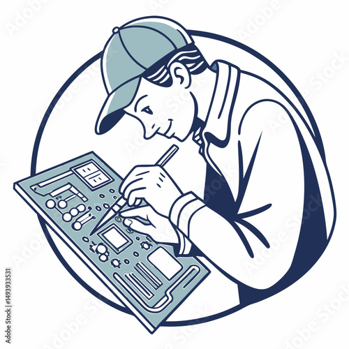 Technician carefully repairing circuit board electronics maintenance
