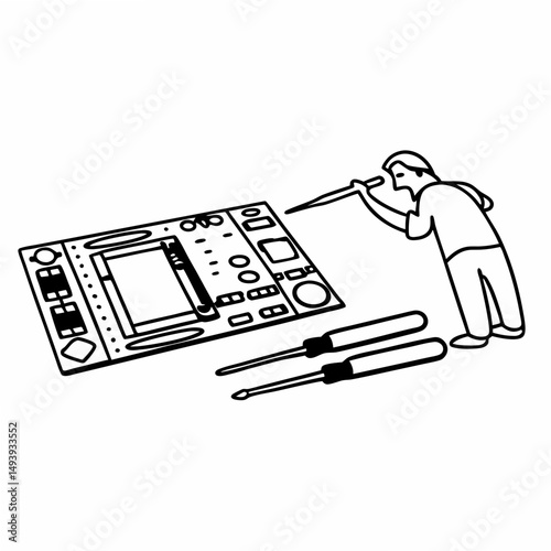 Technician repairing audio mixer board with screwdrivers on white background