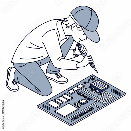 Young person repairing circuit board electronics technician soldering components