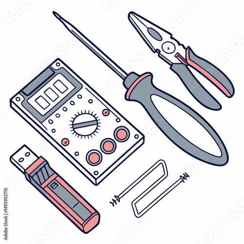 Electronics repair tools kit flat lay illustration multimeter screwdriver pliers usb drive