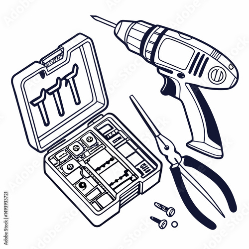 Cordless drill tool kit with screwdriver bits and pliers