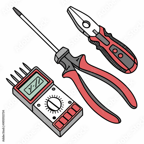 Electrician tools kit screwdriver pliers multimeter illustration