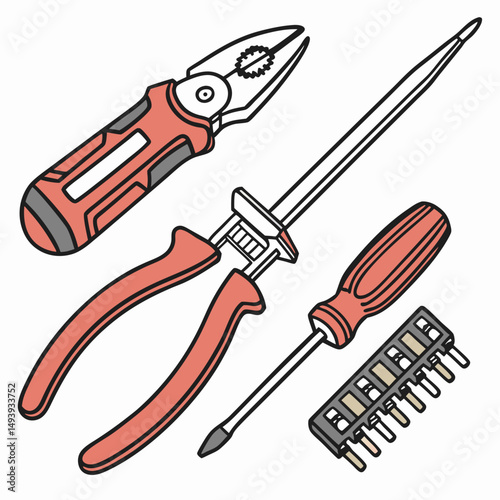 Assorted hand tools repair kit pliers screwdriver bits