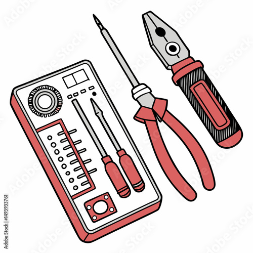 Red hand tools kit screwdriver pliers repairing equipment