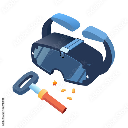 Virtual reality headset with shovel and gold nuggets on white background