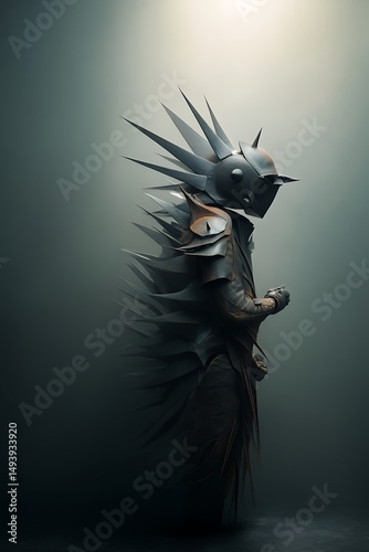 A futuristic warrior clad in spiky armor stands in a shadowy setting.