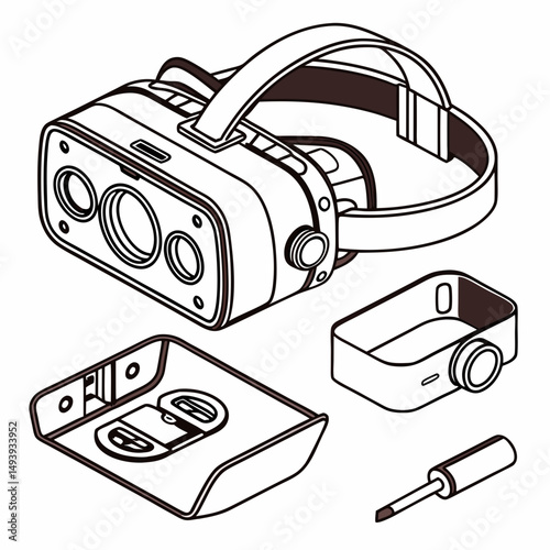 Virtual reality headset disassembled parts isometric illustration
