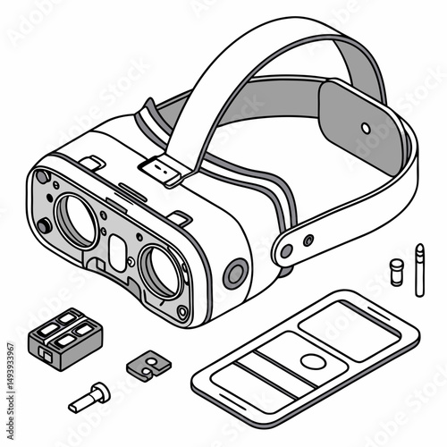 Disassembled virtual reality headset with components
