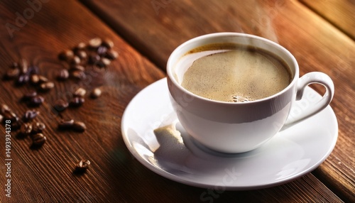 coffee in white cup on wooden table