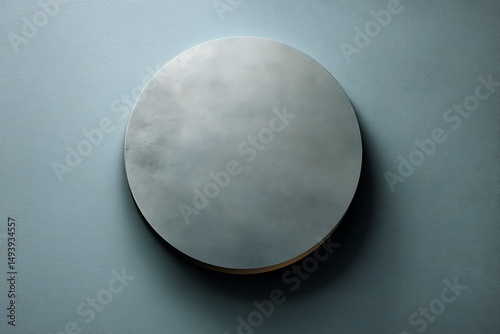 A minimalist circular light fixture casting a soft, ethereal glow against a serene blue wall.
