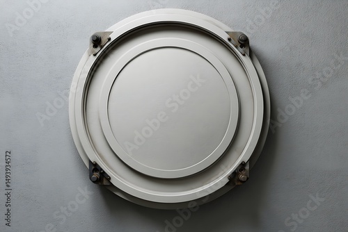 A circular metal object with a minimalist design, mounted on a gray concrete wall, creating an abstract and industrial aesthetic.