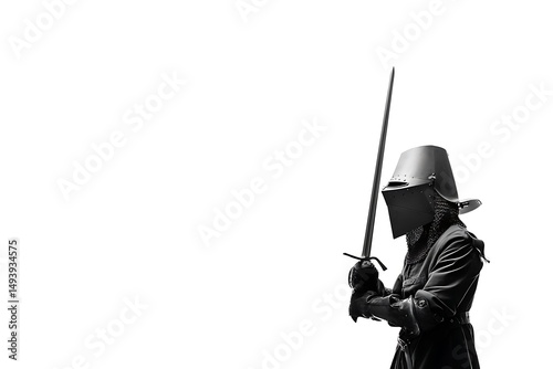 A medieval knight in full armor holding a sword, a powerful and dramatic silhouette against a white background.
