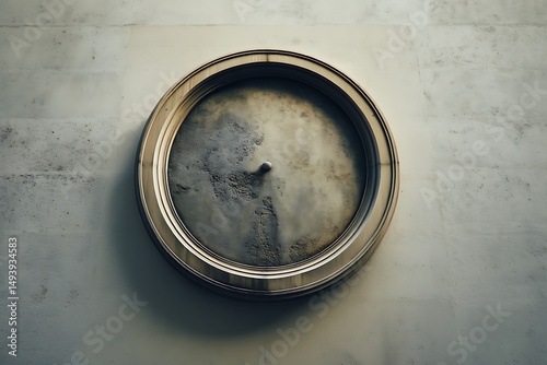 A round metallic art piece with a wooden frame, exuding a vintage, grunge aesthetic on a textured wall.
