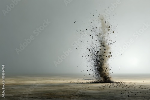 A swirling vortex of dust and debris rises from a barren desert landscape.