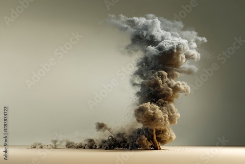 Apocalyptic Desert Landscape: A lone tree engulfed by a swirling dust and smoke cloud