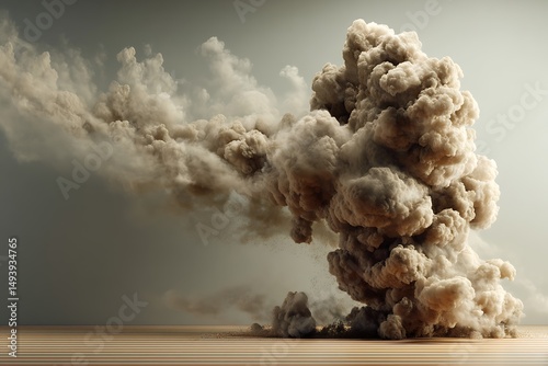 A powerful dust cloud explosion, a dramatic and apocalyptic scene against a gray background, showcasing nature's raw power and the beauty of a natural phenomenon.