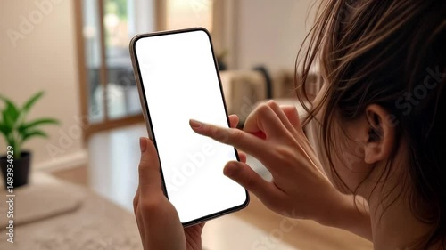 Woman holding smartphone and scrolling white screen, ai generated