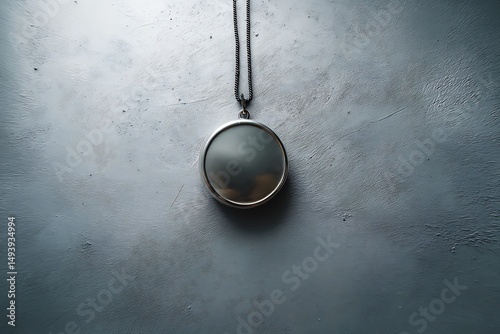A minimalist silver pendant hangs on a chain against a smooth grey background, showcasing its sleek and stylish design.