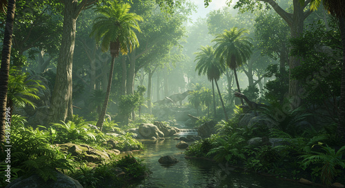 Fototapeta Naklejka Na Ścianę i Meble -  A lush tropical forest with a stream flowing through it and dinosaurs in the background under sunlight