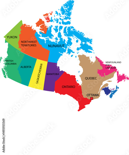 Map of Canada divided into  provinces and territories. Administrative regions of Canada. Multicolored map with labels