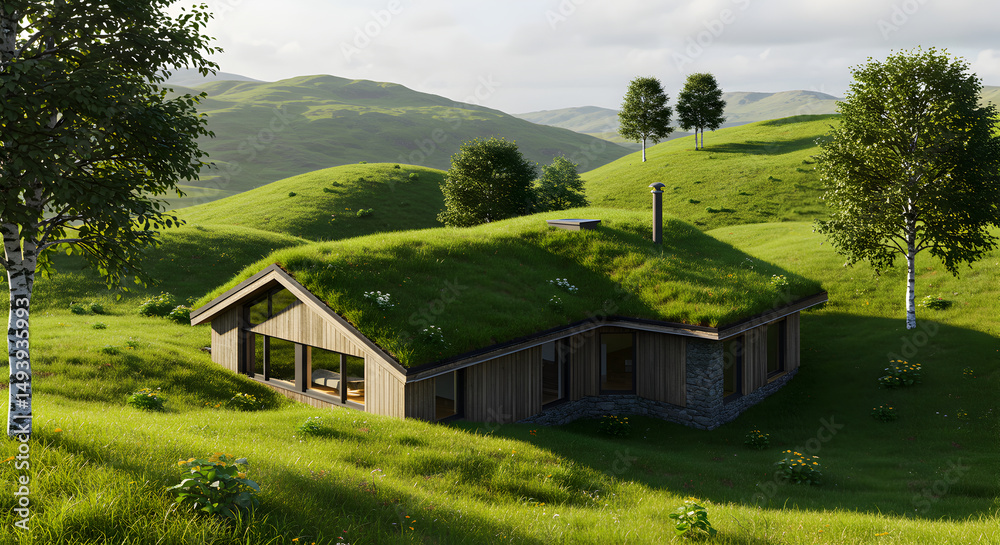 Sustainable Living Eco Friendly Home Blending With Green Rolling Hills Landscape Sustainable Living Eco Friendly Home Blending With Green Rolling Hills Landscape