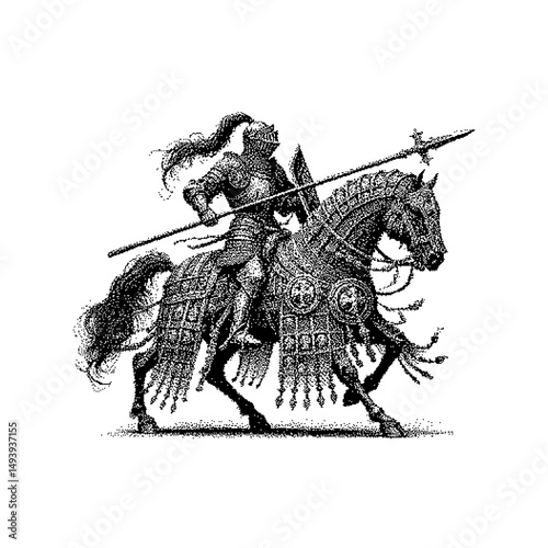 Medieval knight in armor riding a horse, detailed black and white illustration