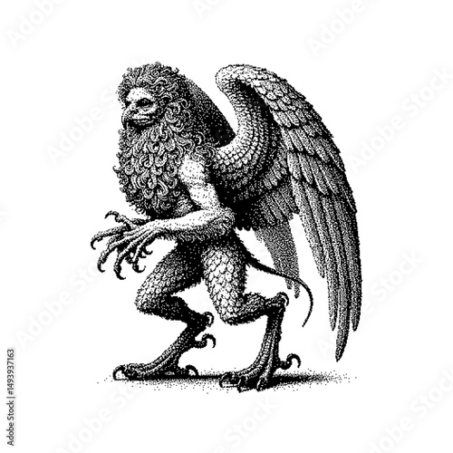 A detailed illustration of a griffin, showcasing intricate line work and a mythical theme.