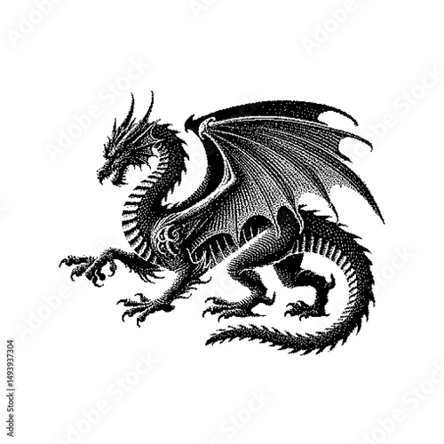 Intricate black dragon illustration with detailed scales and wings in a gothic style