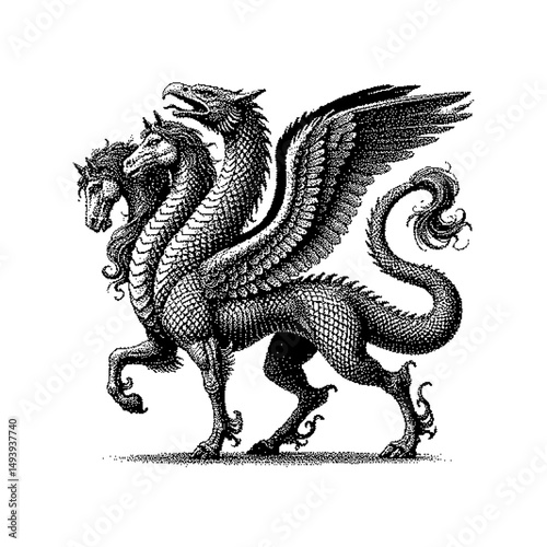 Intricate illustration of a multi-headed dragon in a mythical style