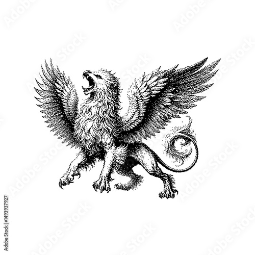 Mythical griffin with intricate details, wings spread wide, in vintage style